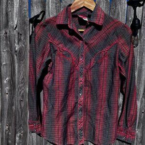 Vintage Cherry Stix LTD Western Snap Shirt Plaid Red Piping SMALL